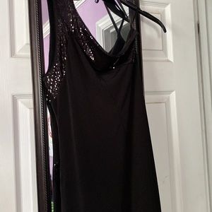 Black one shoulder dress with sequins and side split